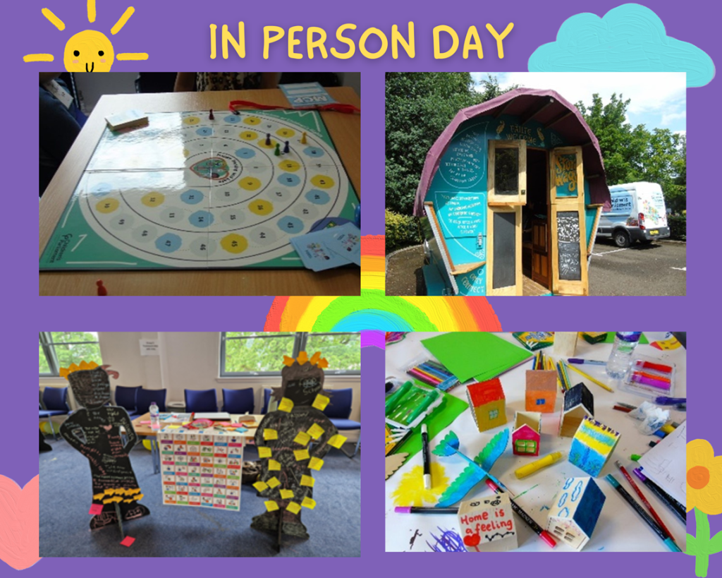 In person day gallery. The human rights board game, live sized turquoise story wagon made from wood, the UNCRC articles and two chalk figures with knowledge and skills on post its, crafting materials and wooden miniature houses